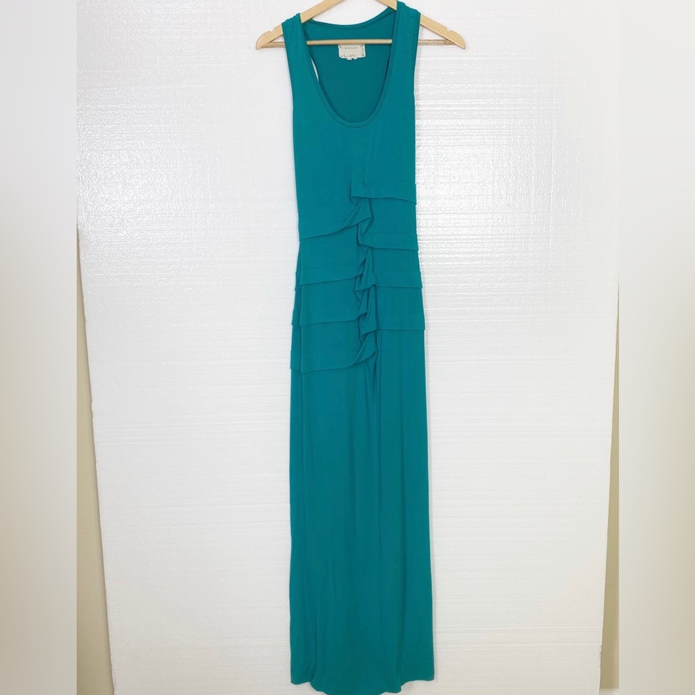 Artelier Nicole Miller Maxi Dress Turquoise Green Stretch tucked Maxi Size Small - Picture 2 of 10